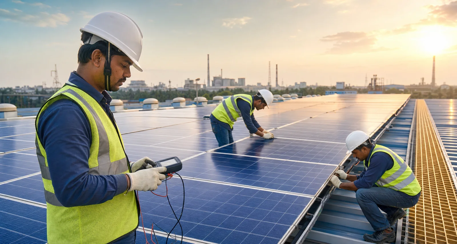 Technicians commissioning a commercial rooftop solar system