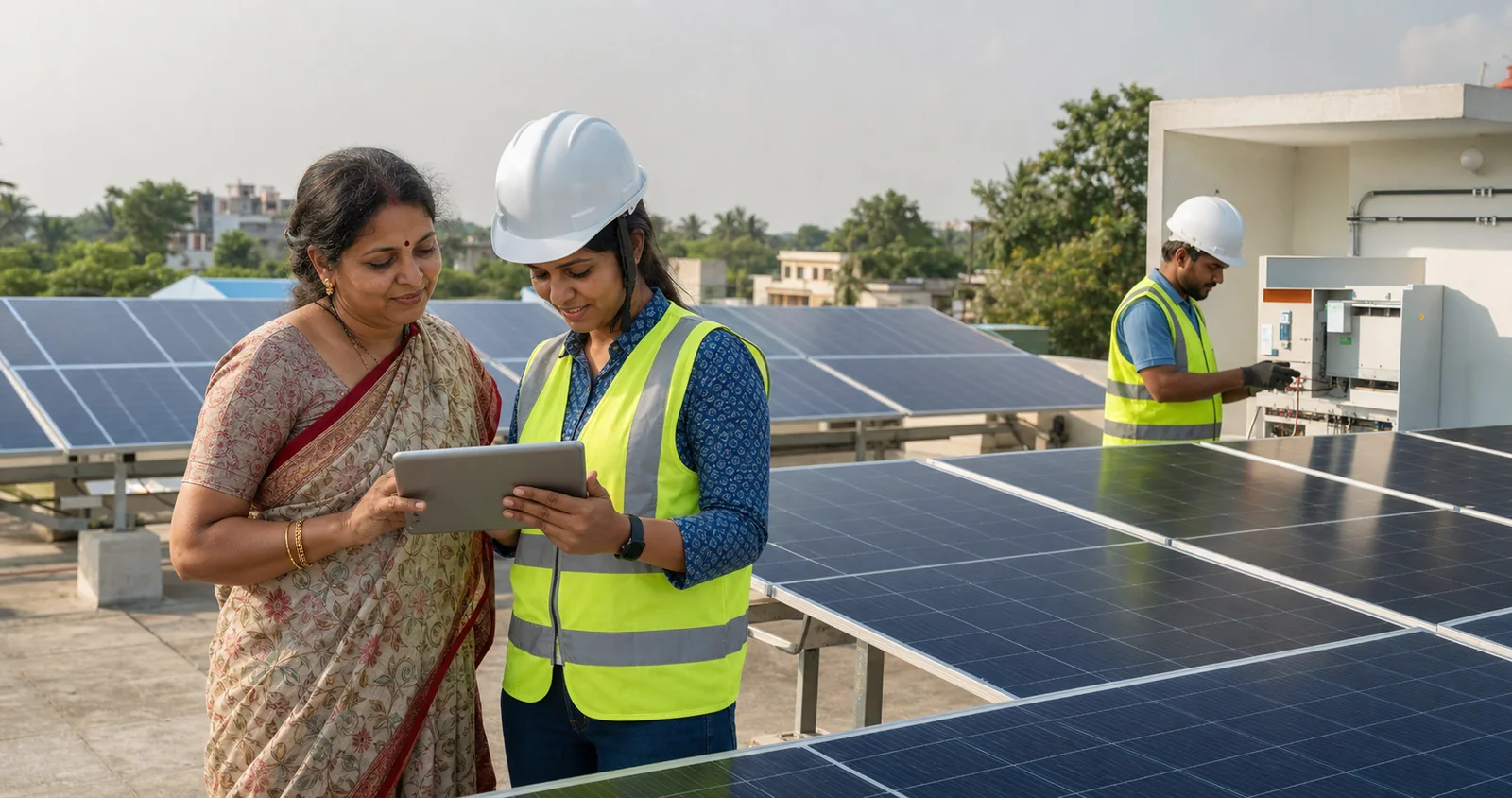 Homeowner reviewing her completed solar installation with an engineer