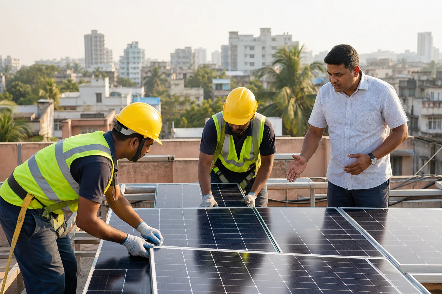 Solar technicians installing rooftop panels while speaking with a homeowner